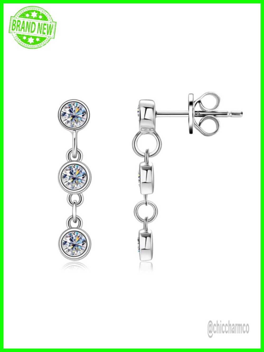 14K Gold over S925 Sterling Silver Diamond Drop Earrings Women Tassel Studs